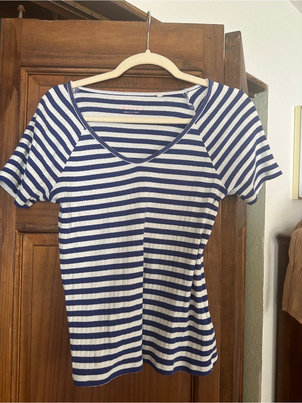 Boden Navy and White Breton Striped V‑Neck Short Sleeve Top